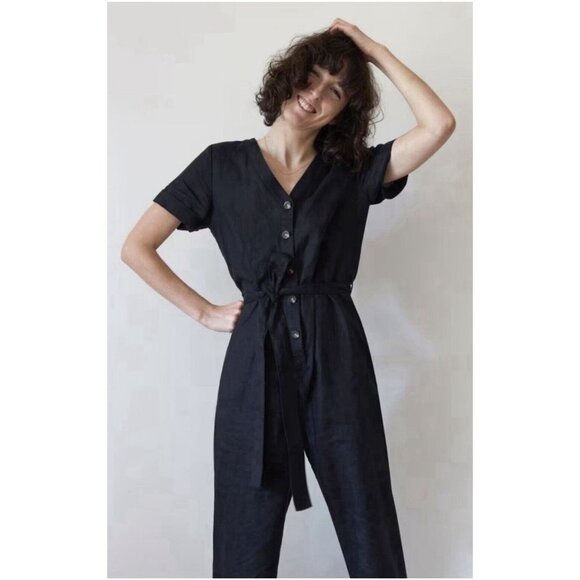 EVERLANE Women 100% Linen Short Sleeve Jumpsuit Size 10 Black - Picture 2 of 16